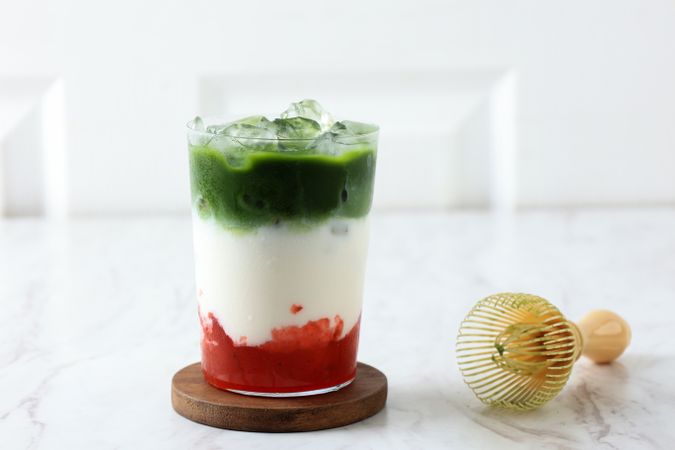 Strawberry Green Tea Matcha Latte, Layering Summer Drink