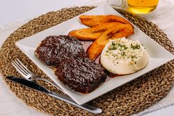 Homemade Venezuelan food, Beef, Mashed potatoes and Fried plantains