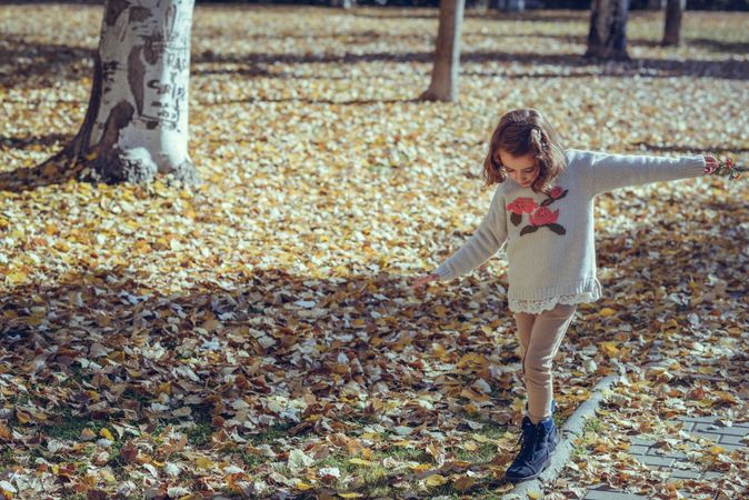Happy child in field of colorful fall leaves