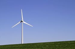 Wind turbine on green grass field under clear blue sky