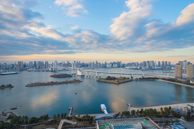 Japan skyline with Rainbow Bridge and Tokyo Tower, Odaiba, japan.