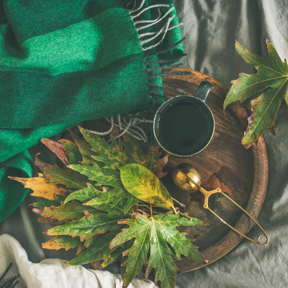 Fall leaves next to tea cup and infuser on wooden tray