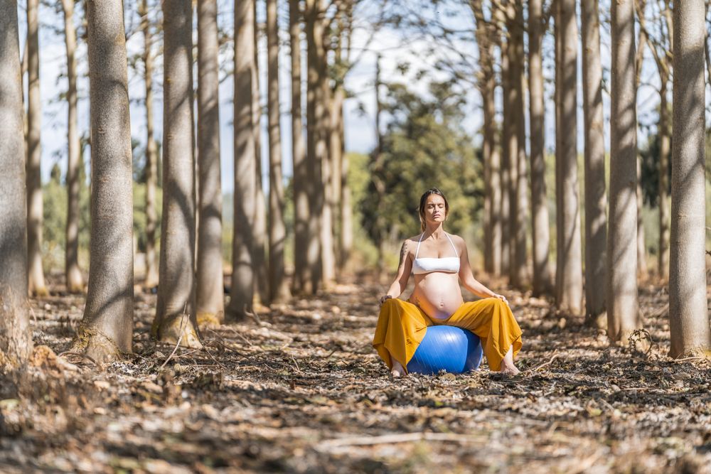 Adult pregnant lady sitting on big pilates ball in park during sunny day
