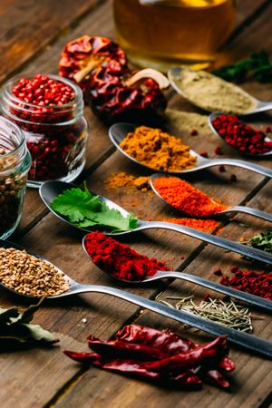 Set of various spices on table