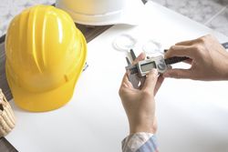 Person at work desk with hard hat, magnifying glass and calipers