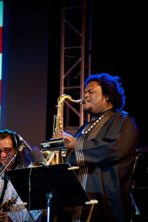 Los Angeles, CA, USA - July 12, 2012: Famed saxophonist playing saxophone with band on stage