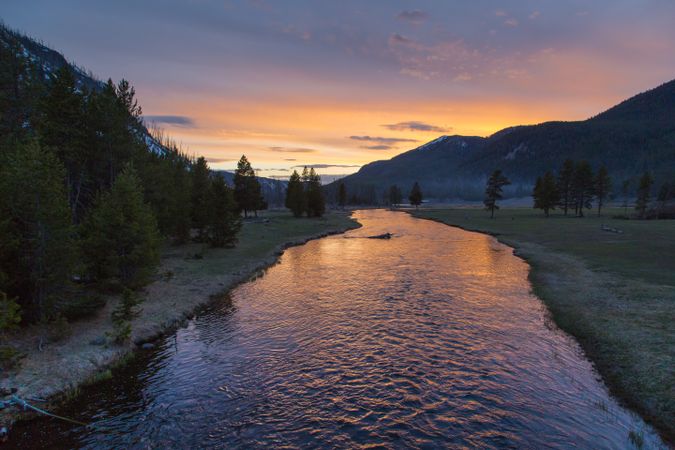 Sunset over river in Yellowstone National Park