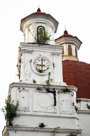 Big Clock on old historical church in semarang city, indonesia. Old Vintage Building in Kota Lama Semarang, Indonesia.