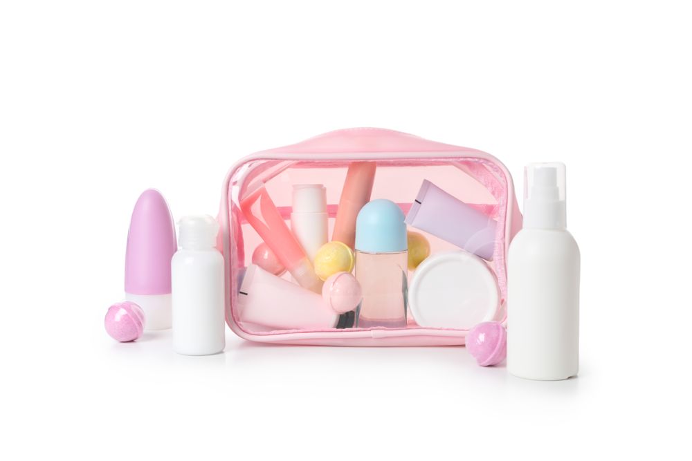 Bath accessories, toilet bag, isolated on plain background