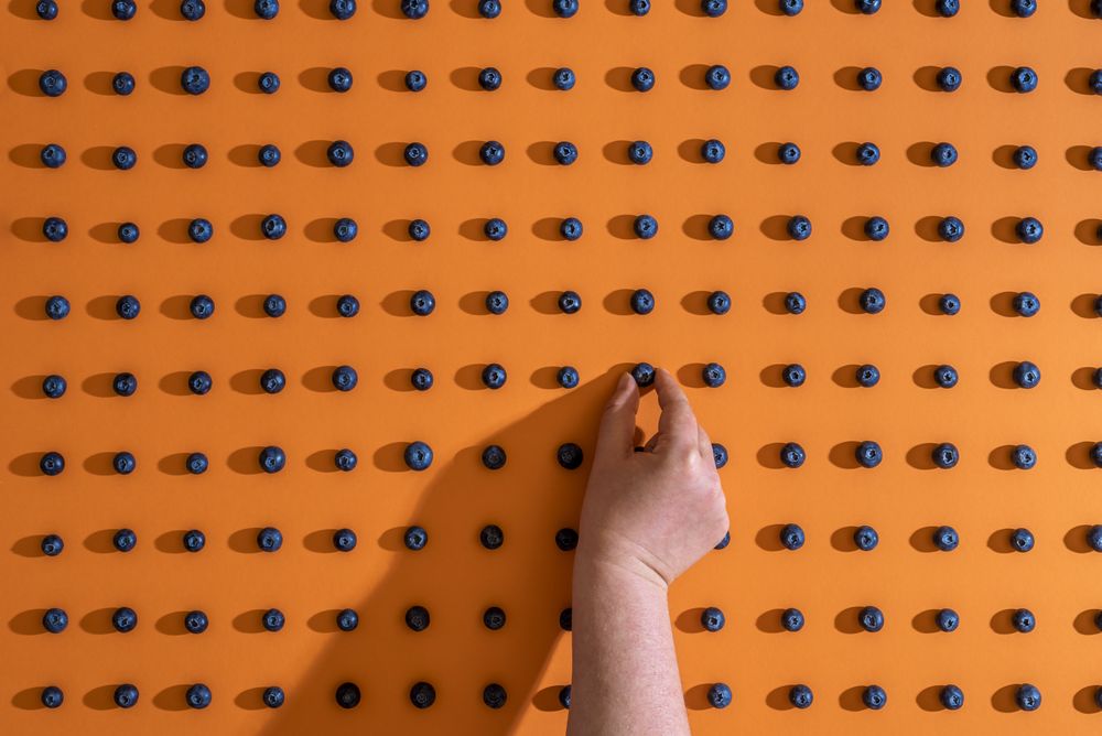 Woman arranging blueberry fruits symmetrically