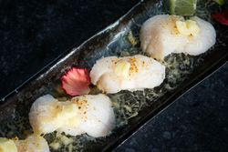 Delicious and yummy Japanese sushi rolls served on tray