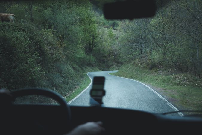 View of inside car empty road in countryside