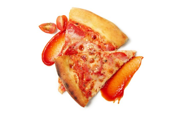 Tasty pizza slices and sauce isolated on blank background