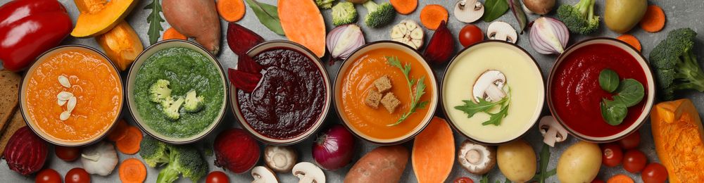 Wide banner of a row of multi-colored soups with vegetables
