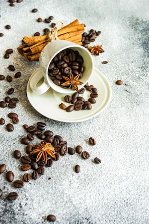 Coffee beans in cup with cinnamon sticks and star anise