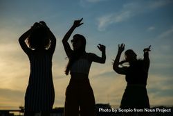 Silhouette of three women standing outdoor at sunset 43Ewj0