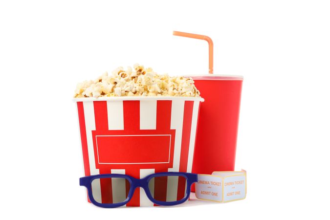 Paper cup, bucket with popcorn, tickets and 3d glasses isolated on blank background