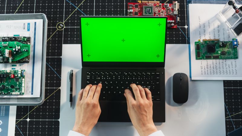 Anonymous Industrial Scientist Using Laptop Computer with Mock Up Green Screen Chromakey Display with Placeholders. Engineer Having a Virtual Collaboration Meeting with Colleagues. Top Down View