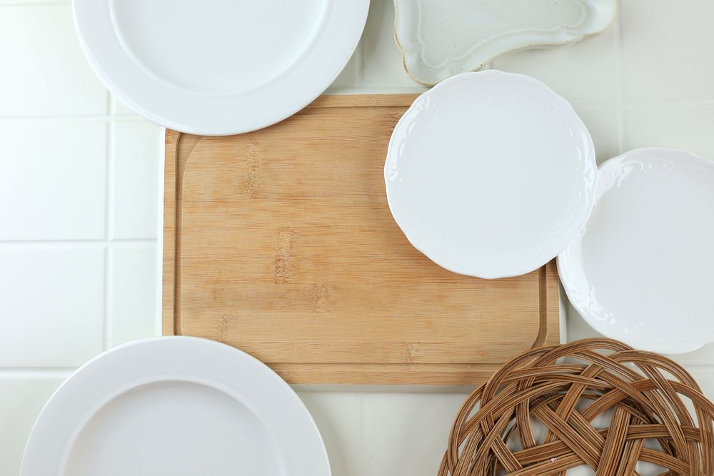 Top View Various Dish Plate with Bamboo Chopping Board