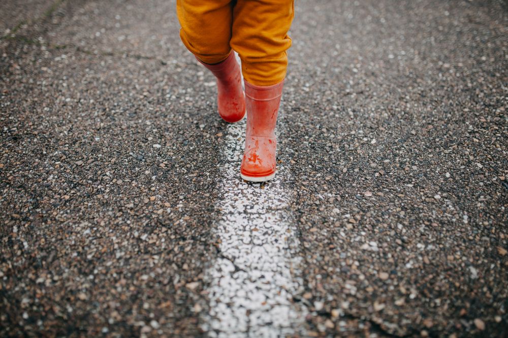 Close up of toddler’s rain boots