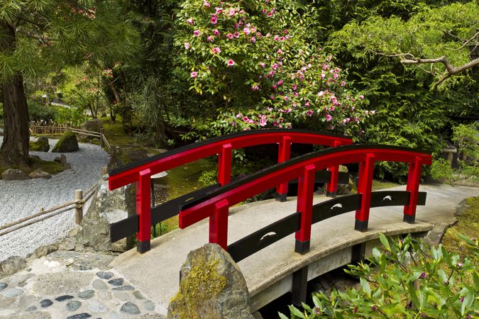 Red bridge in tranquil garden
