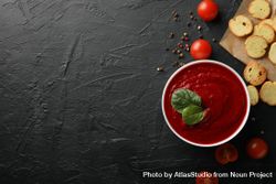 Bowl of tomato soup with crackers, copy space 49ZoBb