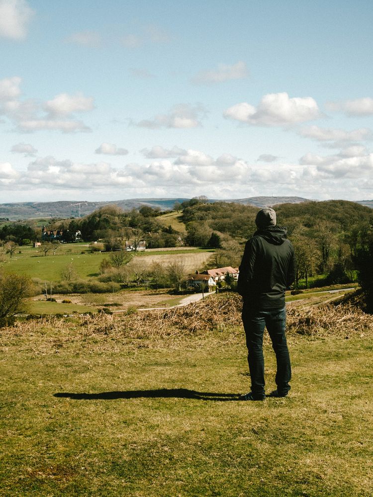 Back view of man in casual outwear standing on green grass