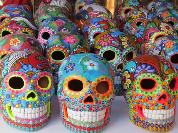 Colorful ceramic skulls typical for Dia de los Muertos in Mexico