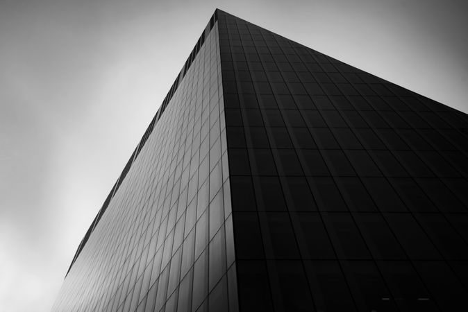 Grayscale photo of building in close-up under sky