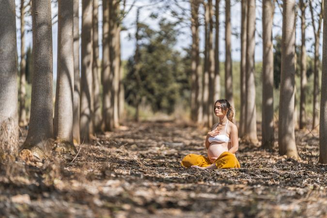 Calm adult pregnant woman practicing yoga while sitting in pose lotus on ground in park during sunny day