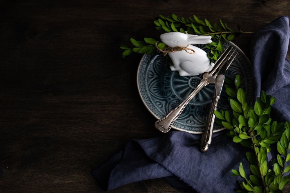 Spring table setting with rabbit figurine