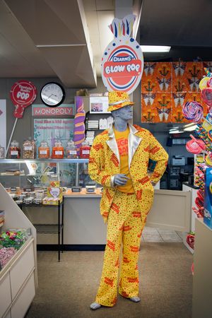 Mannequin dressed in Sugar Daddy candy pattern, Wakarusa, Indiana