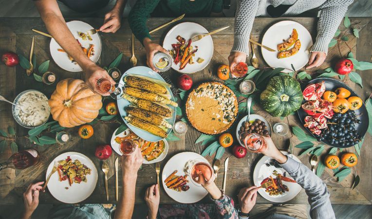 Group of people holding wine glasses over festive vegetarian table setting with pie