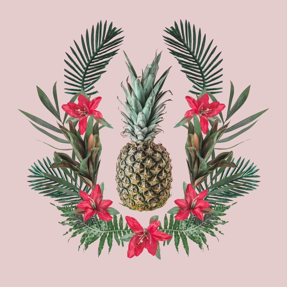 Pineapple surrounded in leaves and red flowers on blush background