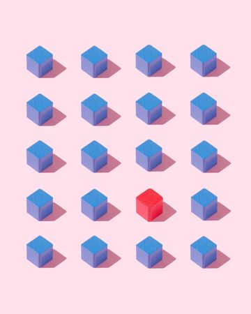 Many blue cubes and one red cube on pink background
