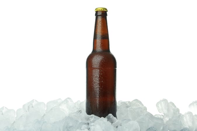 Brown glass bottle on pile of ice on blank background
