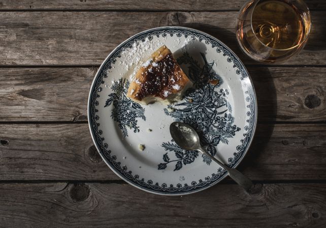 Cottage cheese pudding and glass of cognac