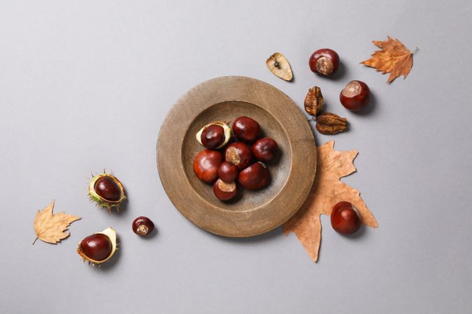 Fresh and ripe chestnuts, top view, Autumn chestnuts