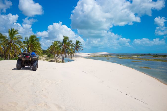 Blue ATV and green palm trees on the beach