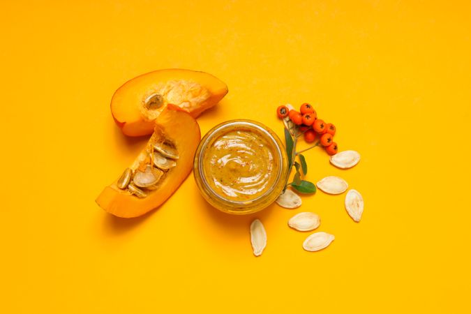 Concept of different cosmetic products, Pumpkin cosmetics, top view