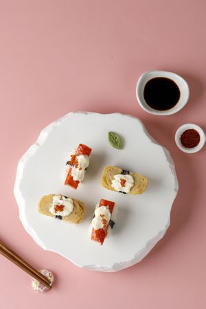 Ebi Mentai Sushi, Japanese Dish Featuring Sushi Rice Topped with Grilled Shrimp and Creamy Mentai Sauce