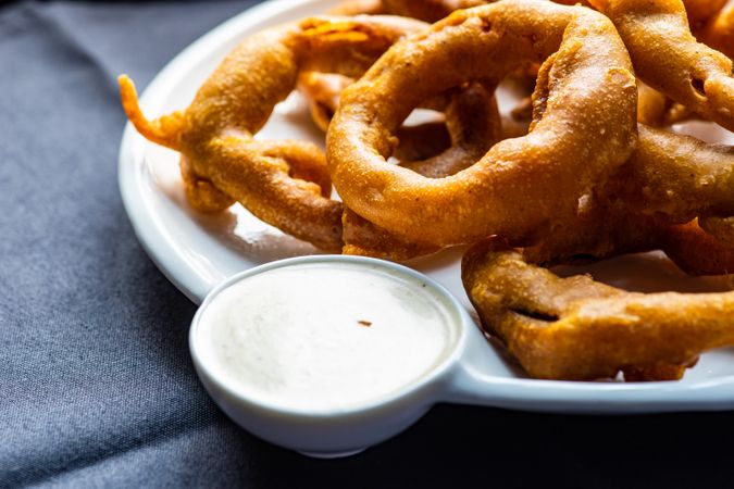 Plate of onion rings on a table