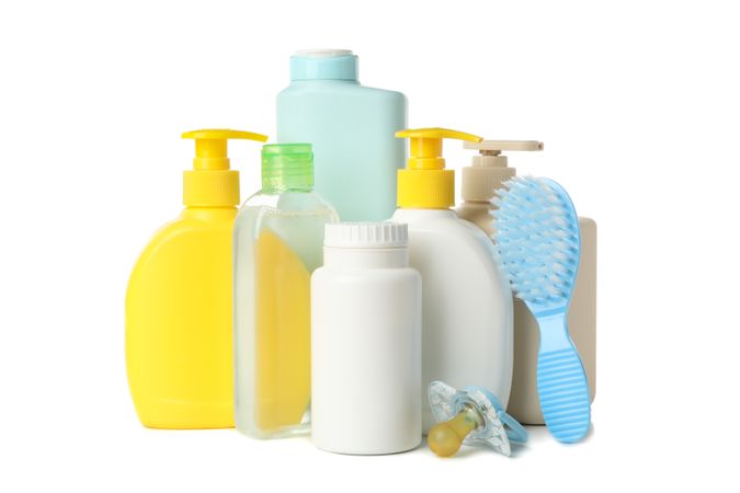 Baby hygiene accessories isolated on blank background