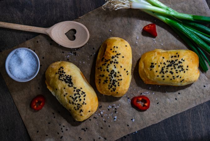 Traditional Georgian pies with chicken meat, bell pepper and herbs