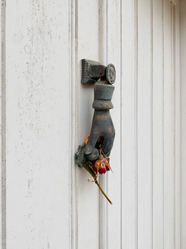 Patmian knocker close up of hand holding a dried rose