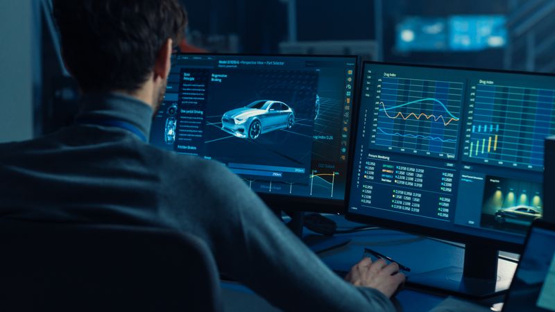 Professional Automotive Graphic Designer is Working on 3D CAD Software Rendering Electric Concept Car and Calculating its Efficiency in a High Tech Innovative Laboratory with a Prototype.