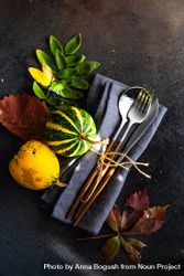 Top view of cutlery on navy napkin with autumn leaves and mini squash 5pj6gb