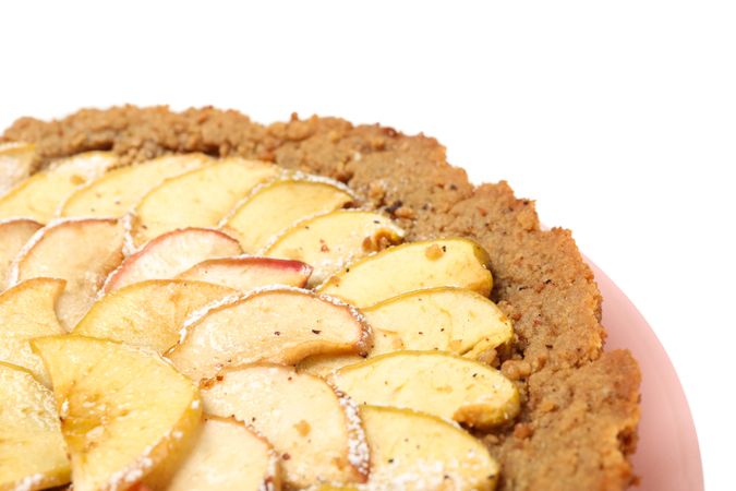 Tasty apple pie on blank background, close up. Homemade food