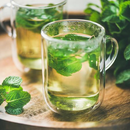 Close up of mint tea with fresh mint leaves on wooden tray, square crop
