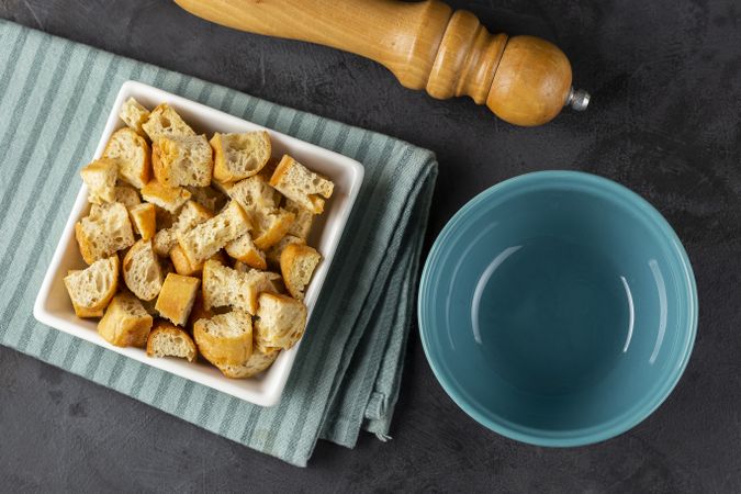 Delicious crunchy croutons on the table.